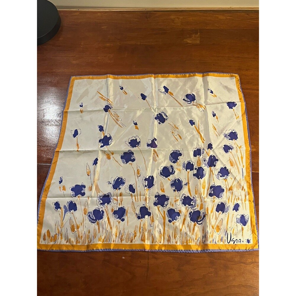 Vera Neumann Women’s Silk Satin Square Scarf Cream Blue Gold Floral Print Logo